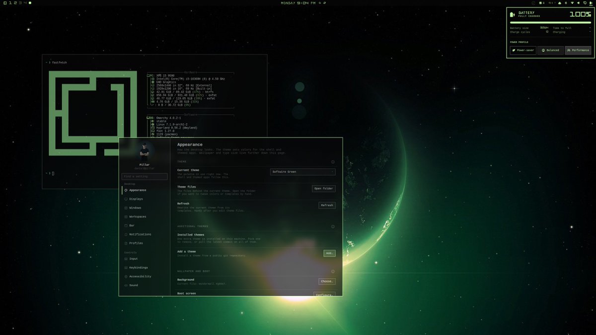 DanJKlabunde's tweet photo. I just finished my space/sci-fi theme pack for Omarchy.

Try it out and lmk if you run into any issues!

https://t.co/hNgByqeLfU https://t.co/XHETtciIaA