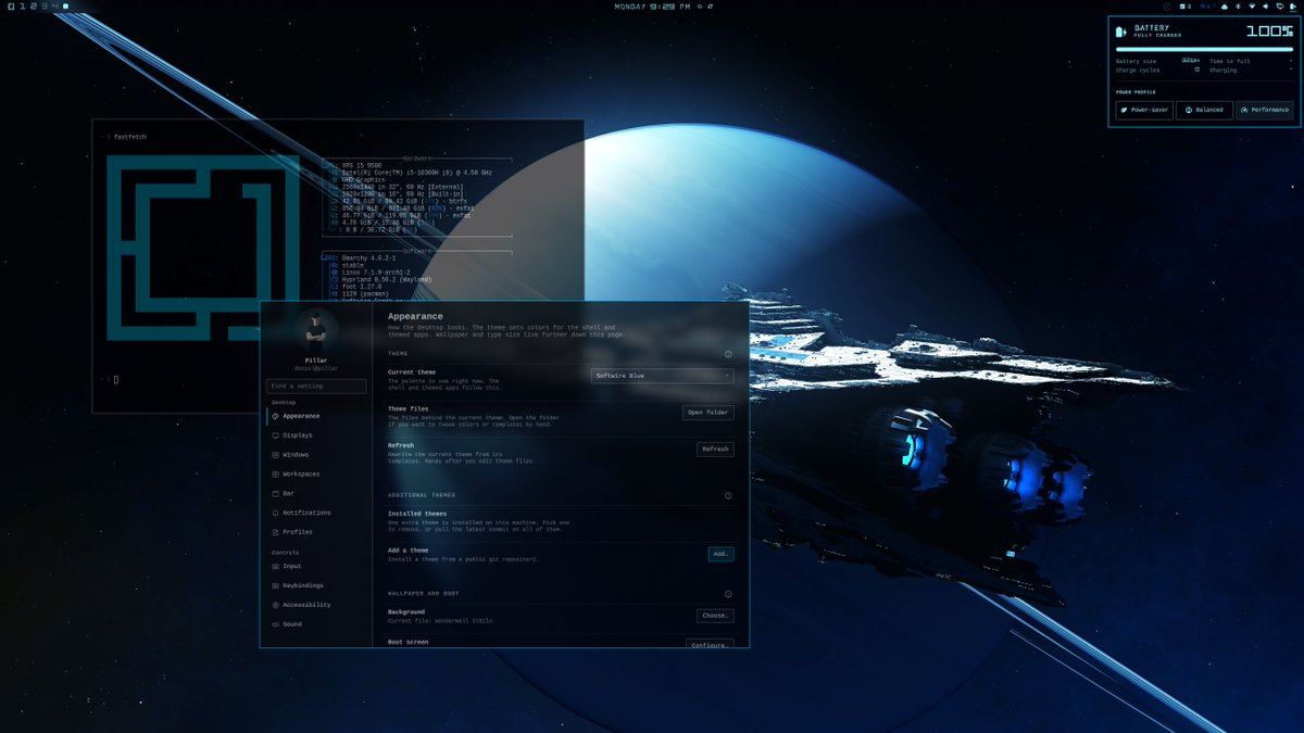 DanJKlabunde's tweet photo. I just finished my space/sci-fi theme pack for Omarchy.

Try it out and lmk if you run into any issues!

https://t.co/hNgByqeLfU https://t.co/XHETtciIaA