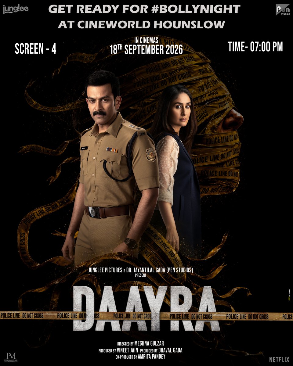 bollyukmedia's tweet photo. Kareena Kapoor Khan + Prithviraj Sukumaran + Meghna Gulzar directorship = an absolute masterpiece in the making! 🤯
Join us at Cineworld Hounslow (Screen 4) on September 18th, 2026 at 7:00 PM

Book your tickets for Daayra at Cineworld Hounslow. 🎟️ https://t.co/nPkqz703BQ