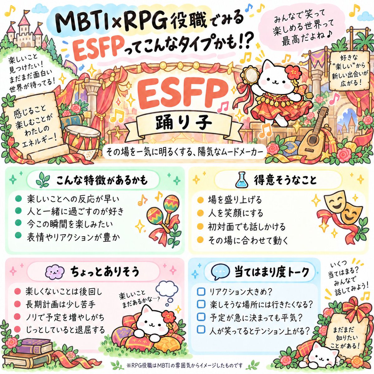 sui_type16's tweet photo. 最後は、SP組。

ISTP＝ガンナー
ISFP＝レンジャー
ESTP＝武闘家
ESFP＝踊り子
これで16タイプ全員がそろいました。
あなたのタイプは、何の役職でしたか？
「別の役職も似合いそう」も聞かせてください🌿
（4/4） https://t.co/RGAoV0jBOd