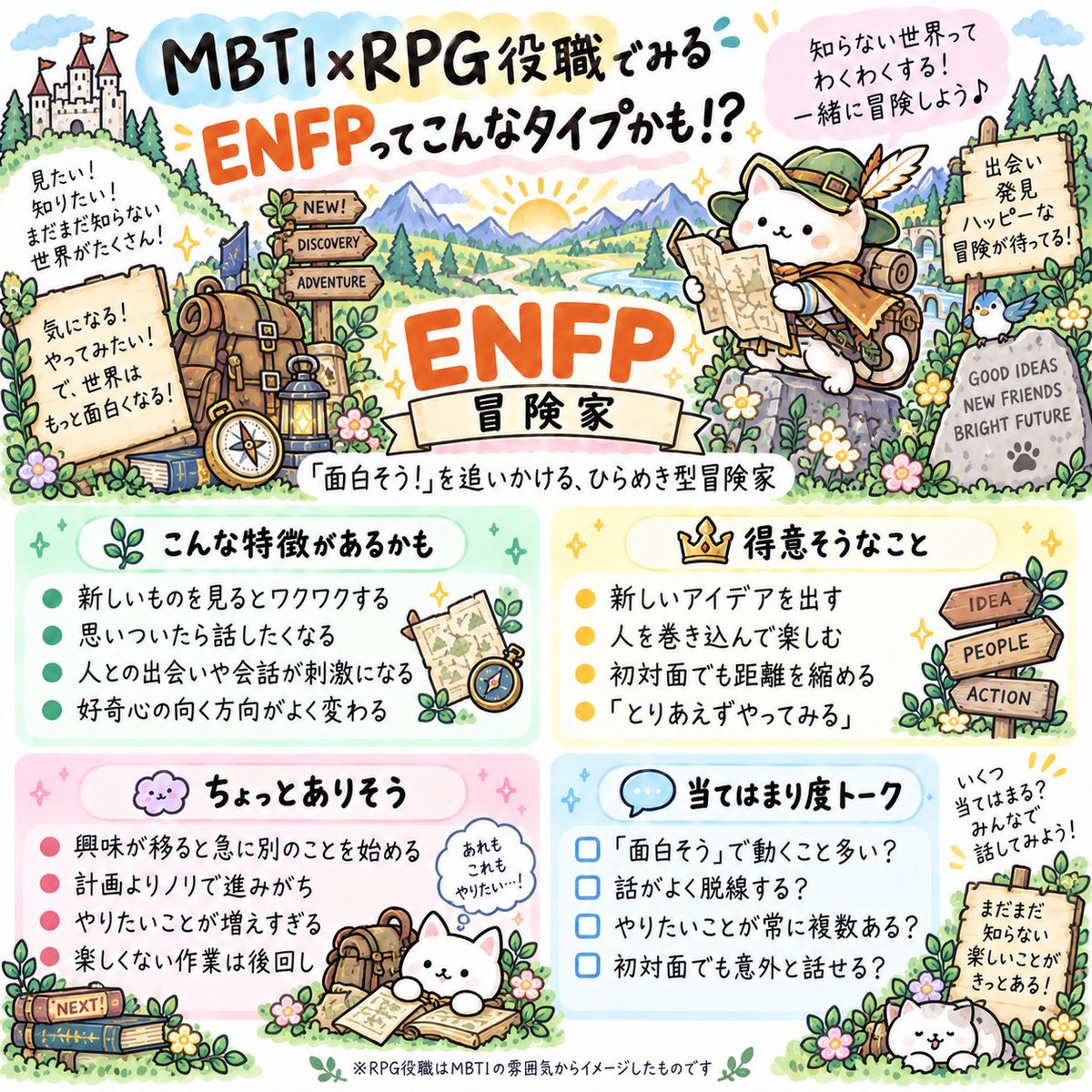 sui_type16's tweet photo. 翠の新企画です🌿

「16タイプがRPGの仲間だったら？」

そんな想像から、
猫たちのRPG図鑑を作りました。
まずはNF組。

INFJ＝神官
INFP＝吟遊詩人
ENFJ＝聖騎士
ENFP＝冒険家

全16タイプ、このスレッドで紹介します。
※非公式の創作企画／画像はAI制作
#16タイプ
（1/4） https://t.co/pw3YmNwsFI