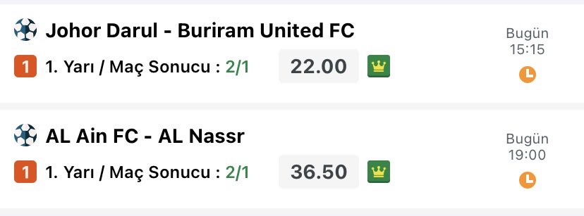 forvetdayi's tweet photo. Tam 800 Oran Sürpriz Deniyoruz ⚡️

Johor Darul - Buriram 
👉🏻 1/2 veya 2/1 

Al Alin - Al Nassr 
👉🏻 1/2 veya 2/1 

Toplam dört kupon olarak alalım 
1. Kupon 2/1 - 2/1 
2. Kupon 1/2 - 1/2 
3. Kupon 2/1 - 1/2 
4. Kupon 1/2 - 2/1 https://t.co/uwrasXvkWE