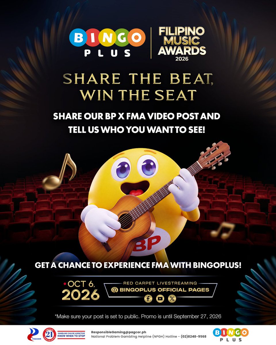 Bingoplusph's tweet photo. 🎤 FMA 2026 TICKETS? LET’S GO! 👀✨
Do you want to experience the Filipino Music Awards 2026 with BingoPlus? Here’s your chance! 💜🎶

📍 Open to participants from Metro Manila only!

HOW TO JOIN:
- Follow BingoPlus on our social media accounts.
- Share the official BP x FMA Video: https://t.co/z3RJnXMOIY
- Tell us why you want to experience FMA 2026.
- Fill out the official entry form: https://t.co/JCwARAAoJy
- Keep your post PUBLIC and use #BPxFMA2026 #PLUSinFilipinoMusic.

Join until September 27, 2026.

SEE YOU THERE, KA-BPs!
