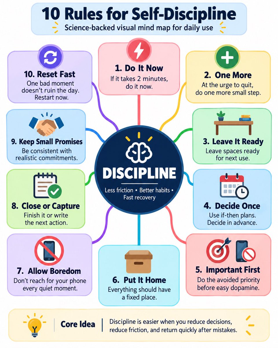 VickRagj's tweet photo. Motivation is unreliable.

Systems are not.

10 rules:

Do it now
One more
Leave it ready
Decide once
Important first
Put it home
Allow boredom
Close or capture
Keep small promises
Reset fast

Don’t need to be perfect.

need fewer excuses, less friction, and faster recovery. https://t.co/vUbGGuO83p