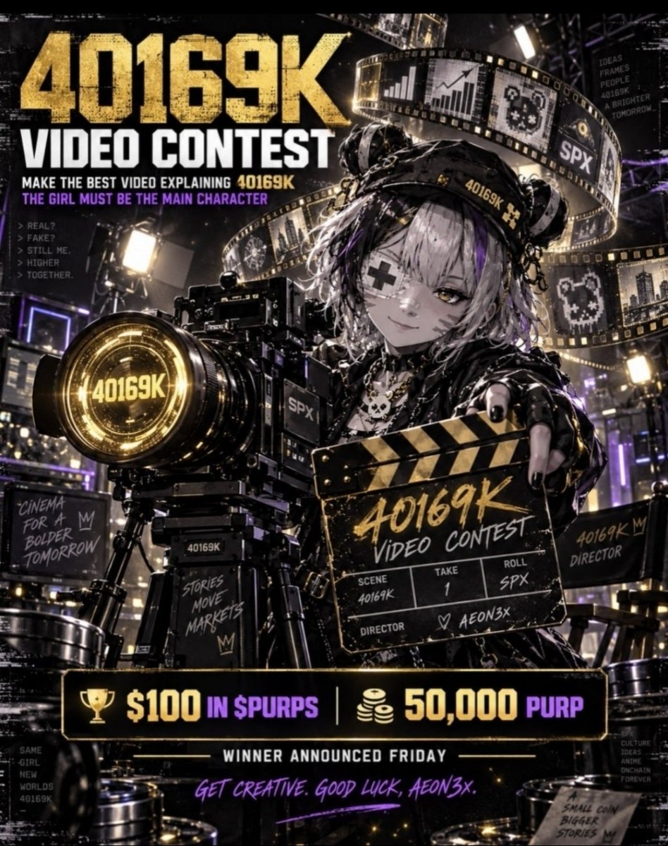 40169K's tweet photo. 🎥 VIDEO CONTEST

Make the best video explaining #40169K, with the girl as the main character.

🏆 Prize: $100 of  (50,000 PURP)

📅 Winners announced Friday!
📍 How to enter: Post your video on X (Twitter) Quote-tweet this post with your video and tag @40169K

Get creative and good luck! 🫡