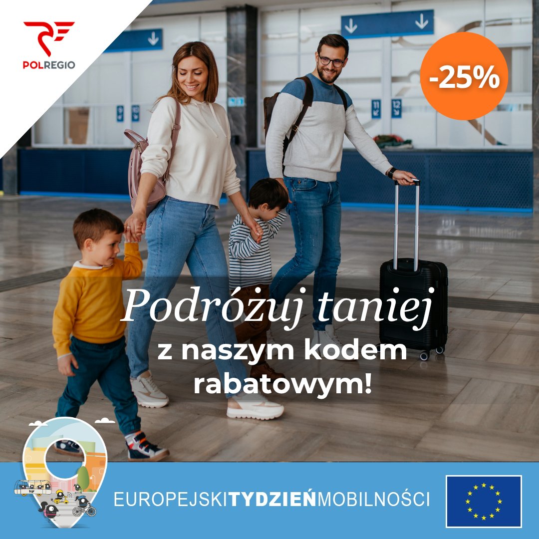 POLREGIO_PL's tweet photo. O 25% tańsze bilety i dodatkowe oferty w wybranych regionach – to atrakcje, jakie szykuje dla podróżnych POLREGIO z okazji Europejskiego Tygodnia Mobilności. 
Więcej: https://t.co/YeCnhRfpTf https://t.co/fGkleStiDL