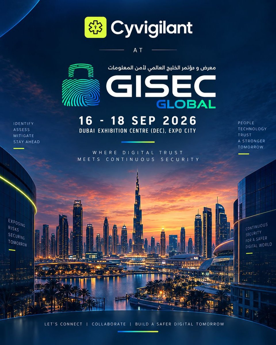 cyvigilant's tweet photo. GISEC Global 2026 is underway. 🔐

CyVigilant is here, connecting with cybersecurity leaders and discussing what’s next in continuous security, attack surface visibility, vulnerability management &amp; threat intelligence.

If you’re at GISEC, come meet the team. 🤝

#GISEC2026 https://t.co/Ilgvicbqp9