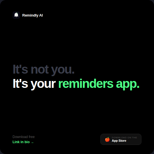 RemindlyAI_app's tweet photo. It's not you, it's your reminders app 😤
A handful of things that actually matter, weighed up honestly against the regular reminders app. Download free link in bio
#RemindlyAI #NeverForget #AIApp #LifeHack #Productivity https://t.co/6PsZkNjoYL