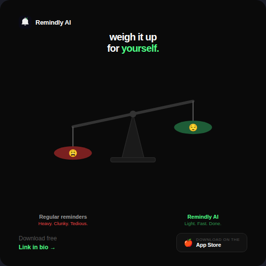 RemindlyAI_app's tweet photo. It's not you, it's your reminders app 😤
A handful of things that actually matter, weighed up honestly against the regular reminders app. Download free link in bio
#RemindlyAI #NeverForget #AIApp #LifeHack #Productivity https://t.co/6PsZkNjoYL
