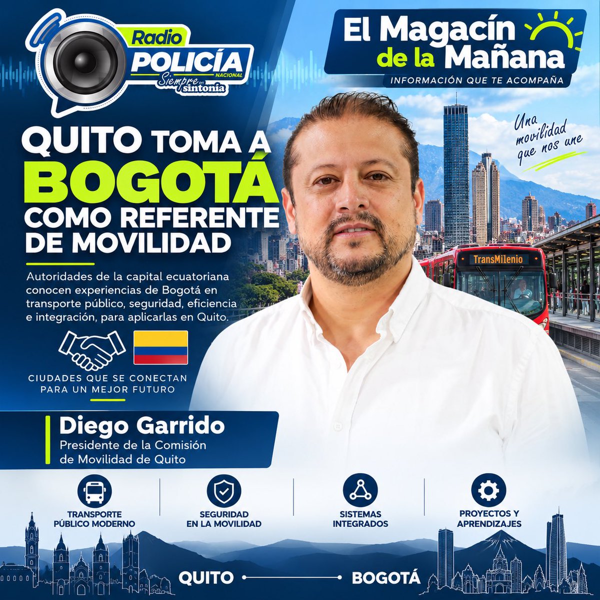 RadioPoliciaCol's tweet photo. 🚗🚍🚕Bogotá como referente de movilidad. 🎙️ 

Diego Garrido, presidente de la Comisión de Movilidad de Quito, visita nuestra capital para conocer experiencias en transporte público, seguridad, que podrían aplicarse en la capital ecuatoriana. #MagacínDeLaMañana https://t.co/yAm8zsp2MB