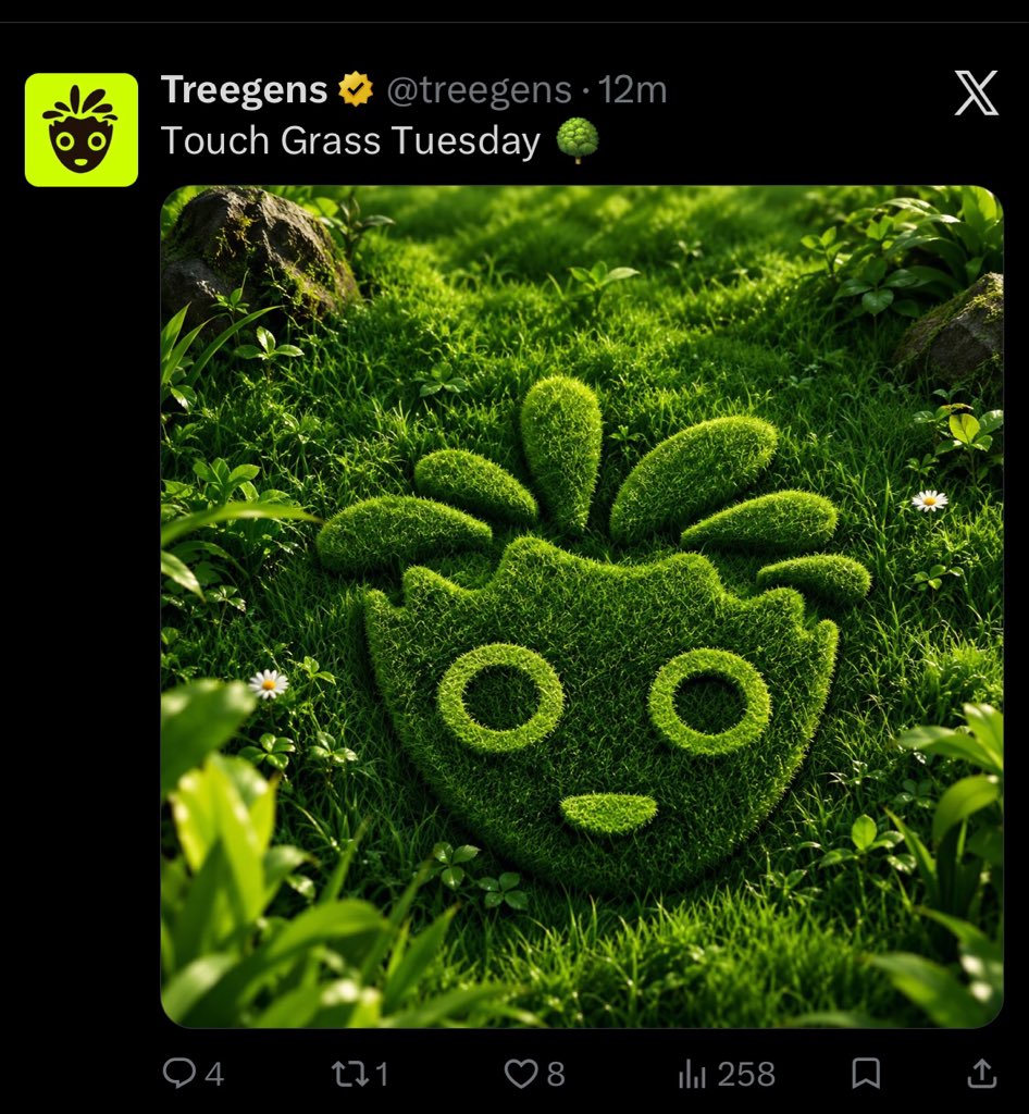 BlockSulta's tweet photo. Touch Grass Tuesday done right 🌱

@treegens really said "we ARE the grass" 😂

This is why I rock with Treegens — 
Not just another PFP project, they live the meme.
Real grass. Real trees. Real impact.

If we hit 1B trees in 24hrs on March 21st, this whole logo will be REAL forest.

Who else is touching grass