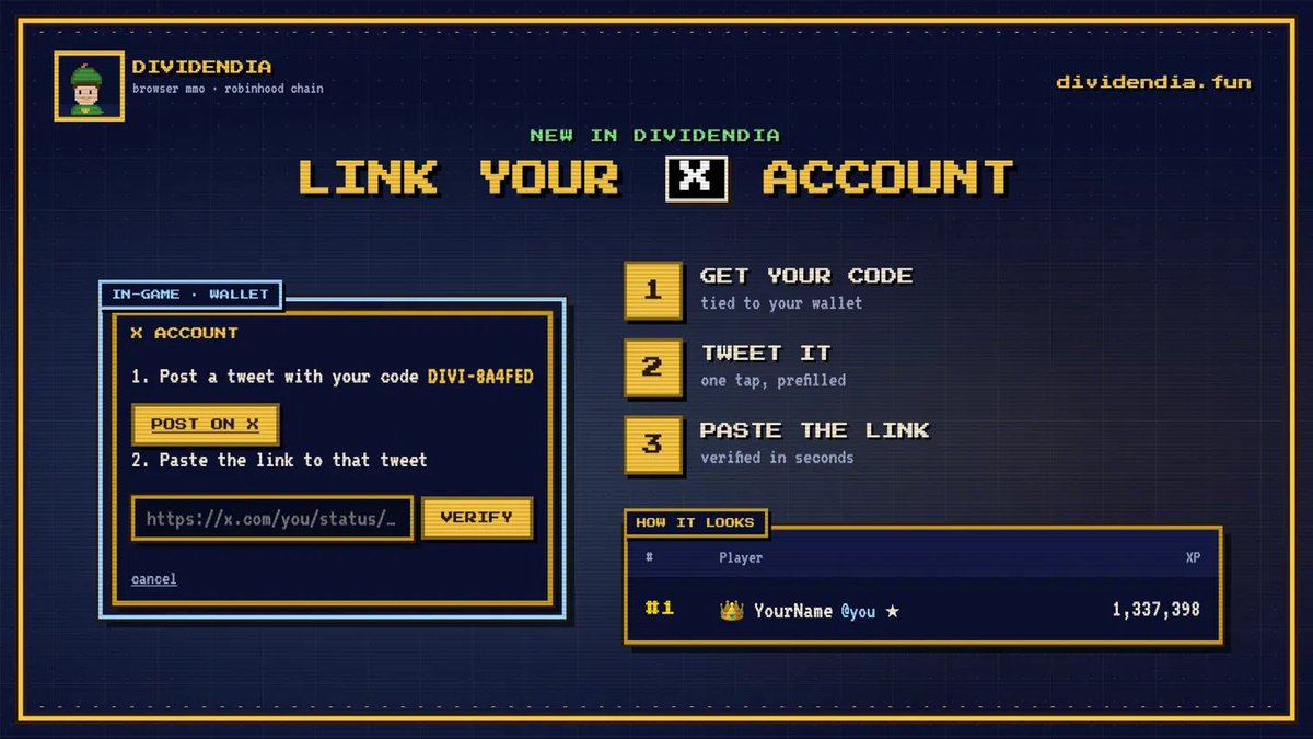 divdendia's tweet photo. your character can finally carry your name outside the game. 🎮

hook up your X from the wallet panel and your @ rides alongside your name on the weekly leaderboard and in every friends list.

→ proven by a tweet from your own account, so nobody can wear your handle
→ already grinding? nothing resets. same character, same bag, same XP
→ one handle per character, unlink whenever you want

climbing the board this week? 
now people know exactly who to chase.