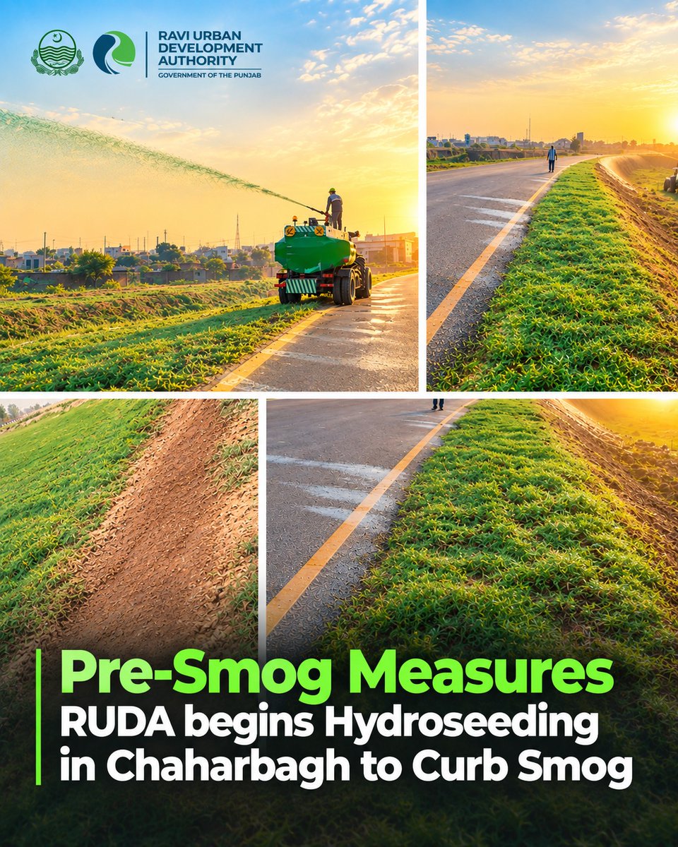 Ravi_RUDA's tweet photo. Pre-Smog Measures!
#RUDA begins Hydroseeding in #Chaharbagh to curb Smog!
Hydroseeding is an advanced technology used to transform barren land into vegetative cover, a significant step towards environmental sustainability efforts.
#RaviCity #GreenInitiative #GovtofPunjabPK https://t.co/QI3b3ADTKh