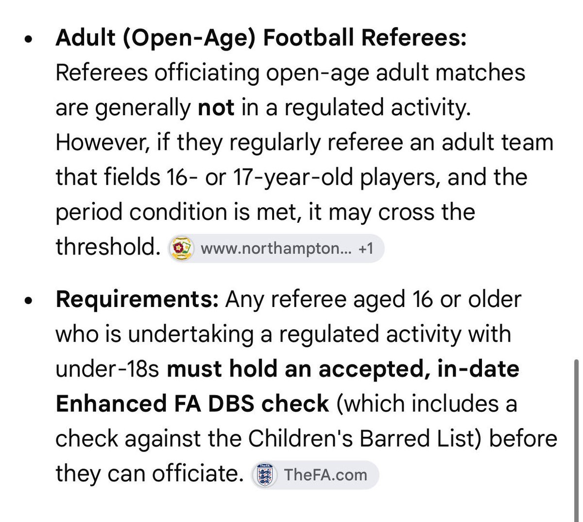 CartlandDavid's tweet photo. The FA have recently banned me from all of football for the rest of my life.

I was a referee. A player for 33 years.

I got struck off as a doctor for writing five letters supporting patients right to bodily autonomy to refuse the Covid jab. I had rows with high profile doctors claiming jabs were safe and effective in children and pregnant women. This was called harassment. No one exhibited the letters as evidence. No one knew which country, date or content of letters. No harm resulted. I was ‘proven to have breached rules and international policy’ that no one can cite. No patient or clinical issues of harm or negligence the panel stating what an exemplary doctor I was. Then struck me off. 

This has since led to my inclusion on the vulnerable adults and children barred list naming me for life from working or volunteering in these groups. An egregious punitive sanction.  

I have not harmed anyone, no child safeguarding incident or concern. No crime. No conviction. No mention of the word child. Because breaking the uncitable rule was so bad as I allowed my ideas and opinion to over rule a ‘policy’ IF it were a child safeguarding policy I MAY ignore and it COULD bring a child to harm. 

This has since led to an initial 6 month total football suspension even citing I couldn’t play or take neighbours kids to training which as you will know isn’t a regulated activity requiring DBS. 

I’ve never had a point on my licence, a detention at school, a yellow card, complaint as a player or referee. Not one aspect is football or child related. They cite my DBS listing as meaning it’s proportionate to ban me for life from all football related activities. 

I can not find another referee who has had such a draconian sanction. Total football bans are for match fixing scandals, serious crime and child sex offences. Why have I been banned? Unprecedented Orwellian dystopia. Just raising awareness. 

This was ignored. https://t.co/OFnu303jS9