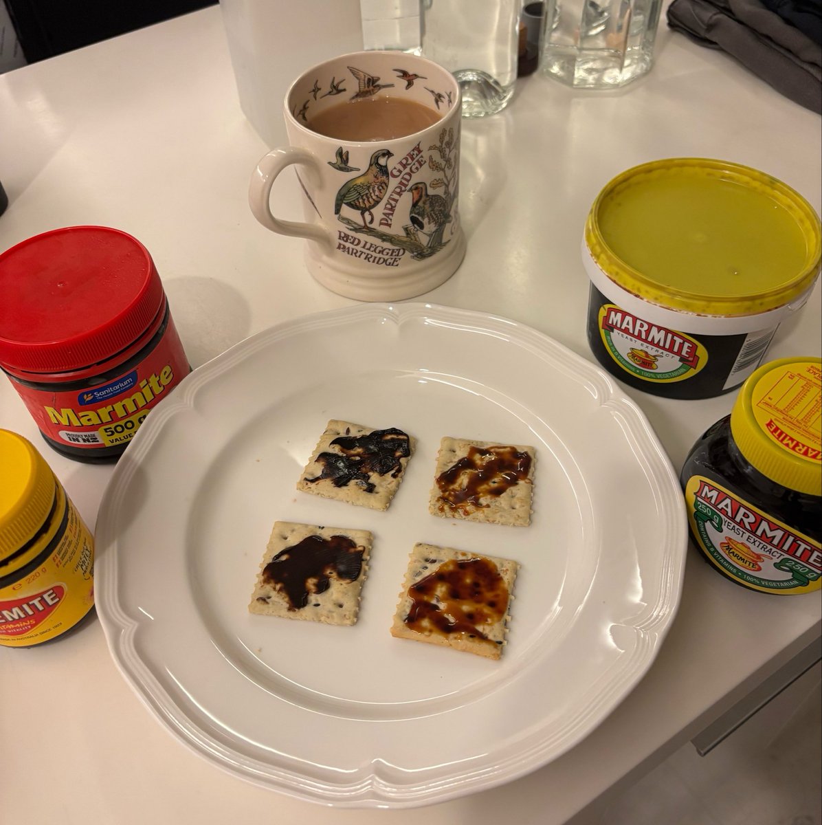 timutteridge's tweet photo. Marmite (UK🇬🇧) v Marmite (NZ🇳🇿) v Marmite (SA🇿🇦) v Vegemite (Aus🇦🇺). 

All winners, but I’d rank them…

1 Marmite (UK - more tangy)
2 Marmite (SA - very close)
3 Vegemite (thicker, vege-er)
4 Marmite (NZ - sweet notes, sugar in the ingredients!) 

#Marmite @marmite https://t.co/QTI185DeaC