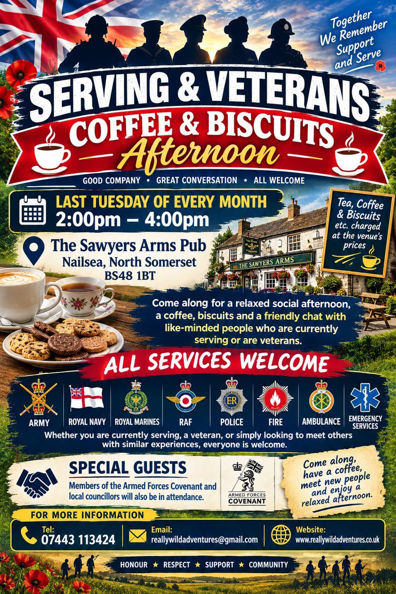 rabchunter's tweet photo. Launching on the 27th of October 2026

2:00pm – 4:00pm

📍 The Sawyers Arms Pub
Nailsea, North Somerset
BS48 1BT

SPECIAL GUESTS
Members of the Armed Forces Covenant and local councillors.

Tel: 07443 113424

Email: reallywildadventures@gmail.com

Website: https://t.co/88eLvD1WJX https://t.co/hU8JlUfRhe