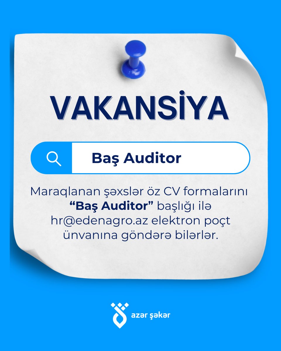 azersugaraz's tweet photo. VAKANSİYA VAR!!!

Baş Auditor

Vəzifə öhdəlikləri: https://t.co/OTXMkTsxPa

Maraqlanan şəxslər öz CV formalarını "Baş Auditor" başlığı ilə hr@edenagro.az elektron poçt ünvanına 15.10.2026 tarixinə qədər göndərə bilərlər. https://t.co/cgK3pS8lCG