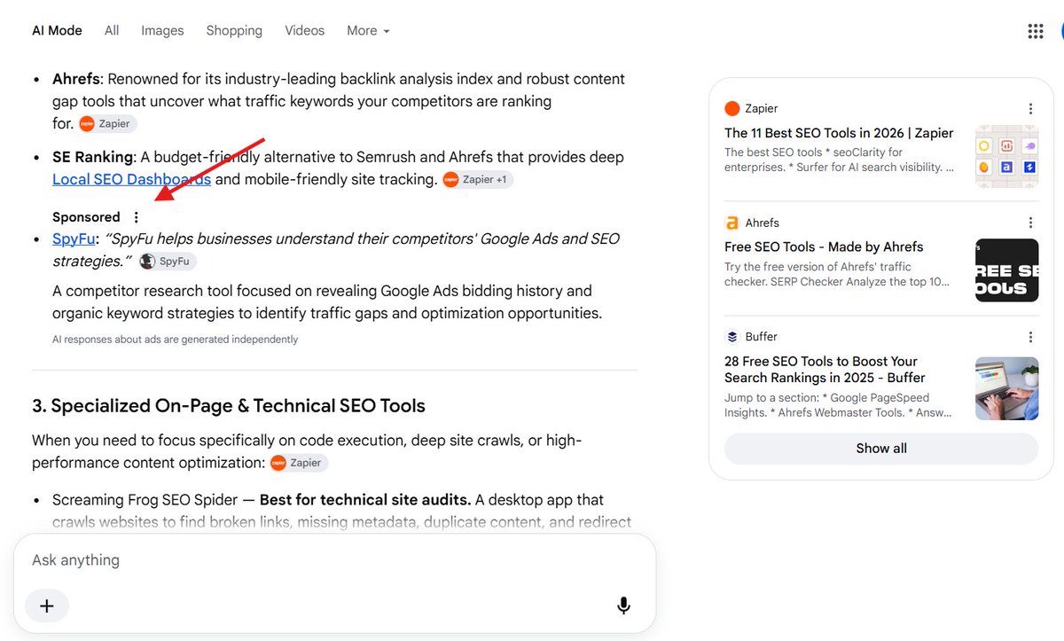 MetaforAgency's tweet photo. Google, Yapay Zeka Modu’ndaki reklamlar için metin tabanlı bağlantı formatını test ediyor.

Reklamlar, normal AI yanıtları gibi görünüyor; metin bağlantıları ve bağlantı metinleri içeriyor. Tek fark yanıtın üzerinde “Sponsorlu” etiketi bulunması. https://t.co/9IvRzSuNMn