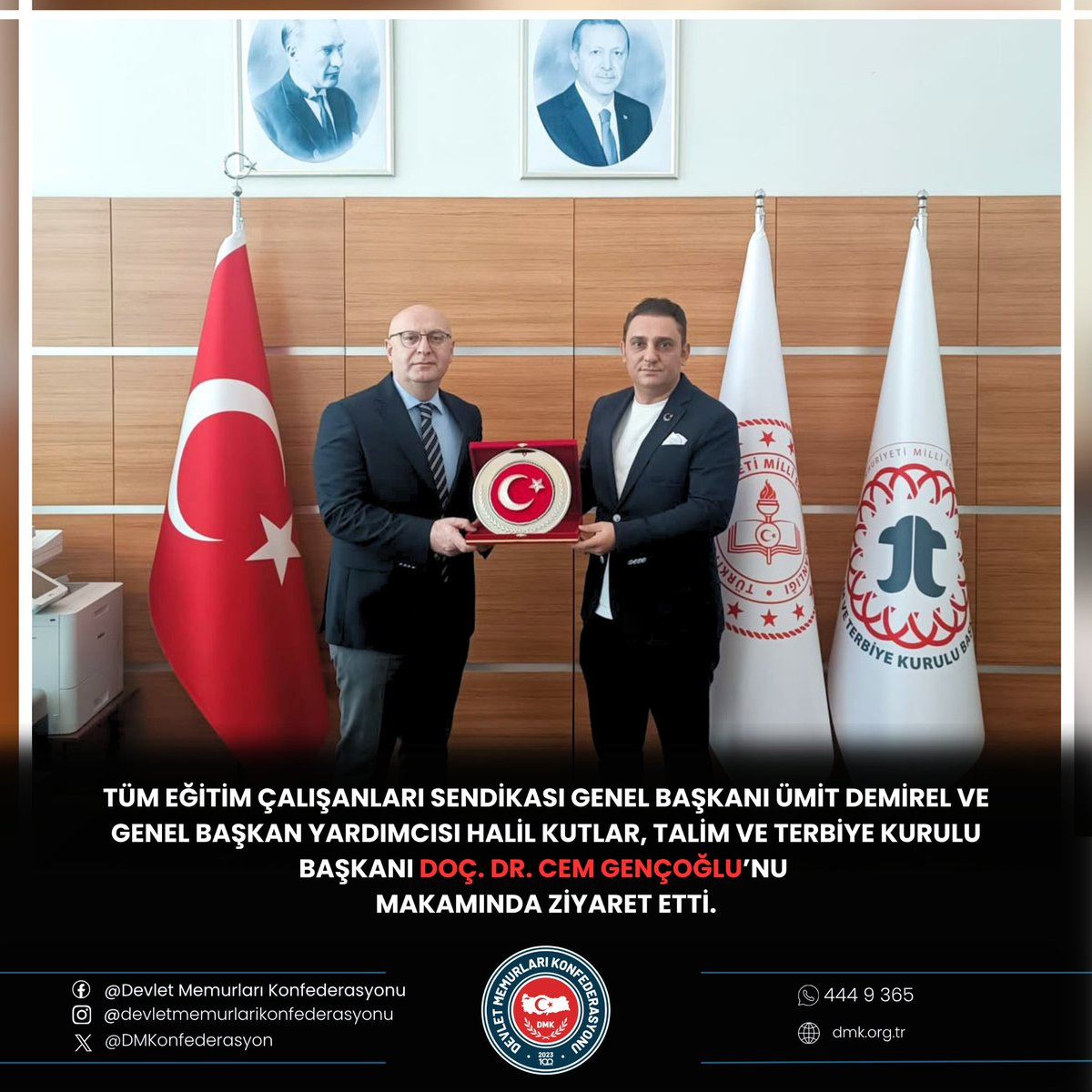 DMKonfederasyon's tweet photo. Tüm Eğitim Çalışanları Sendikası Genel Başkanı Ümit Demirel ve Genel Başkan Yardımcısı Halil Kutlar, Talim ve Terbiye Kurulu Başkanı Doç. Dr. Cem Gençoğlu’nu makamında ziyaret etti.

Hayırlı olsun ziyaretinde, eğitim çalışanlarını ilgilendiren konulara ilişkin görüş ve öneriler paylaşıldı.

Sayın Başkan’a nazik kabulleri için teşekkür ediyor, yeni görevinde başarılar diliyoruz.