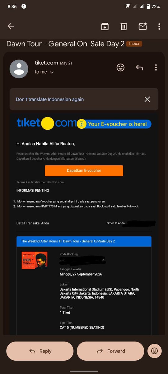 chvaesy's tweet photo. guyss aku quick sale tiket the weeknd cat 5 day 2 1 tix di 1,5 aja yaaa hopeless bgt belum laku huhu aku gajadi nonton karena harus ngurus skripsi 😭 trusted kok guys, tolong bantu rt yaaa kalo minat bisa dm aku, minta proof juga bisaa. tysm! https://t.co/VWsyEskUUI