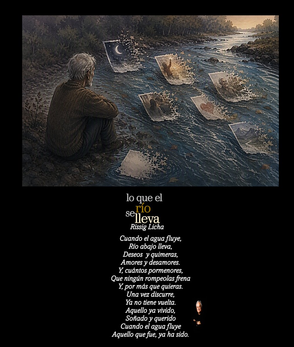 RissigLicha's tweet photo. Lo que el río se lleva

Cuando el agua fluye,
Río abajo lleva,
Deseos  y quimeras,
Amores y desamores.
Y, cuántos pormenores,
Que ningún rompeolas frena
Y, por más que quieras.
Una vez discurre,
Ya no tiene vuelta.
Aquello ya vivido,
Soñado y querido
Cuando el agua fluye
Aquello que fue, ya ha sido.

#poesia #lavida #elrio