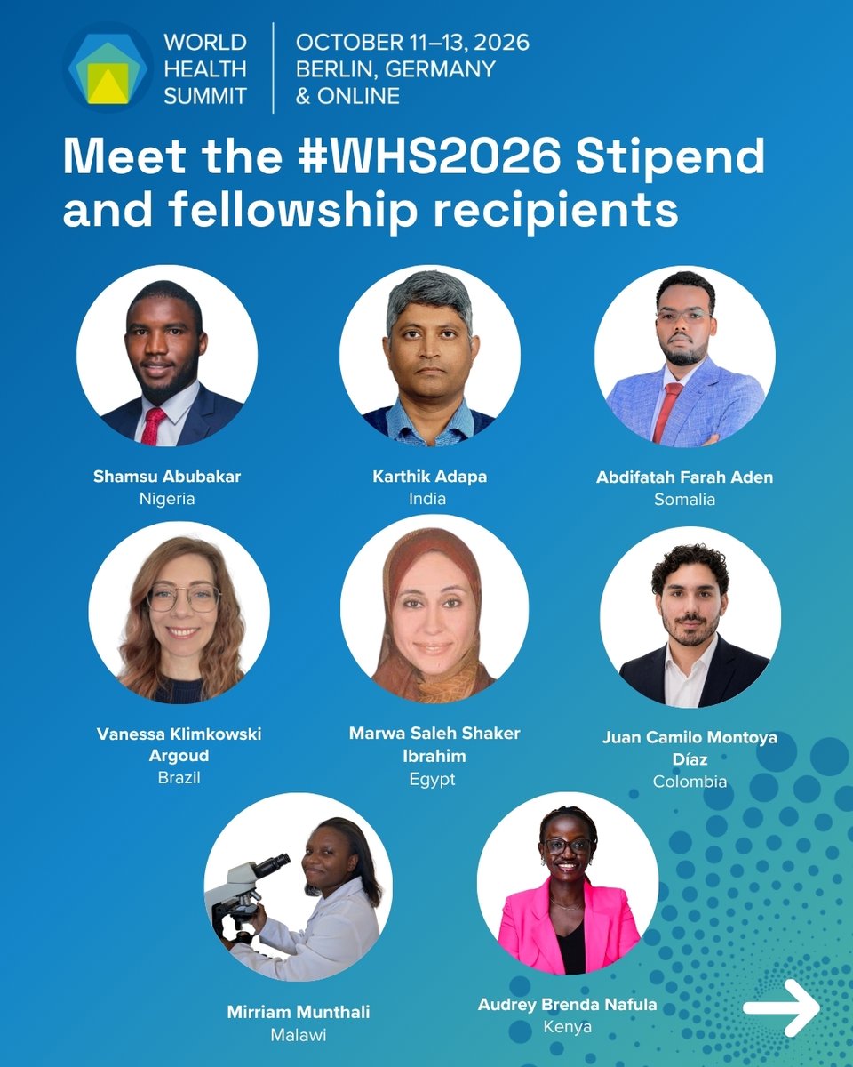 WorldHealthSmt's tweet photo. Meet the World Health Summit 2026 stipend and fellowship recipients. 

This year's cohort brings together young professionals, researchers, and health advocates from across the globe. Their participation at the World Health Summit 2026 strengthens #globalhealth conversations with fresh perspectives and lived experience from the ground. 

The 2026 stipend and fellowship recipients are: 

• Shamsu Abubakar, Nigeria 
• Karthik Adapa, India 
• Abdifatah Farah Aden, Somalia 
• Vanessa Klimkowski Argoud, Brazil 
• Marwa Saleh Shaker Ibrahim, Egypt 
• Juan Camilo Montoya Díaz, Colombia 
• Mirriam Munthali, Malawi 
• Audrey Brenda Nafula, Kenya 
• Nomujuni Neale Natukwatsa, Uganda 
• Roland Cheofor Ngu, Cameroon 
• Gabriel Adewale Olarewaju, Nigeria 
• Naushalya Rajapaksha, Sri Lanka 
• Sara Nathally Rodriguez Aguinaga, Ecuador 
• Rizka Ayu Setyani, Indonesia 
• Charles Wasswa, Uganda 

We look forward to welcoming the group to Berlin and hearing their perspectives at #WHS2026. 

The WHS Stipend and fellowship Program is made possible with the generous support of @wellcometrust. 

🔗 Learn more on our website: https://t.co/eTYVZj87pg