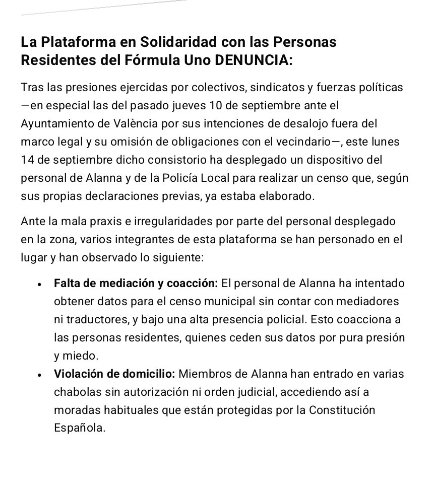 josevico4's tweet photo. Os cuento esto os pido máxima difusión:

El jueves 10 de septiembre, varias asociaciones, sindicatos de clase, partidos políticos de izquierdas y la prensa, estuvimos en el antiguo circuito de fórmula 1 en Valencia, ante el rumor de que iban a desalojar a las más de 800 personas que malviven ahí.
No se atrevieron.

Cómo sabíamos que el ayuntamiento iba a reaccionar, ayer estaba allí la buena gente de la nave de Albal con Ana Isabel a la cabeza, junto con más activistas, para evitar cualquier conflicto.
Aparecieron.

Apareció la policía local con una asociación llamada Alanna que cobra 600.000 euros del ayuntamiento para, en teoría hacer un censo para servicios sociales de infravivienda.

En teoría iban a hacer un censo de la gente que malvive ahí, pero, por supuesto, se pasaron los derechos básicos de cualquier persona en situación de calle por el forro.

Allanaron las chabolas, les hicieron firmar papeles sin conocer el idioma, no había nadie mediando, coaccionaron a la gente.

Hubo activistas que se plantaron ante semejante injusticia que fueron amenazadas.

Así que al menos la gente sepa de lo que es capaz el ayuntamiento de @mjosecatala.

Máxima difusión.
Seguiremos denunciando esto y dando voz a los sin voz.
Gracias a la buena gente que estuvo ahí poniendo el cuerpo por los nadies.
Seguim ❤️🖤✊
