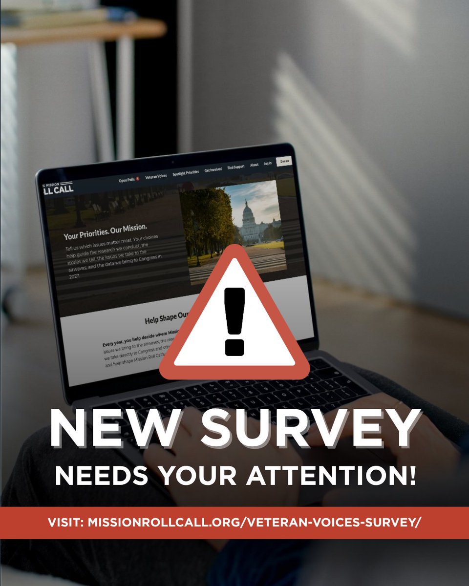 MissionRollCall's tweet photo. We're not looking for the answer we want to hear.

We're looking for your answer.

As we build our priorities for 2027, we want to know what matters most to veterans and military families.

Take our survey and tell us what's working, what's missing, and what deserves more attention.

🔗 https://t.co/57Zyz6hADa