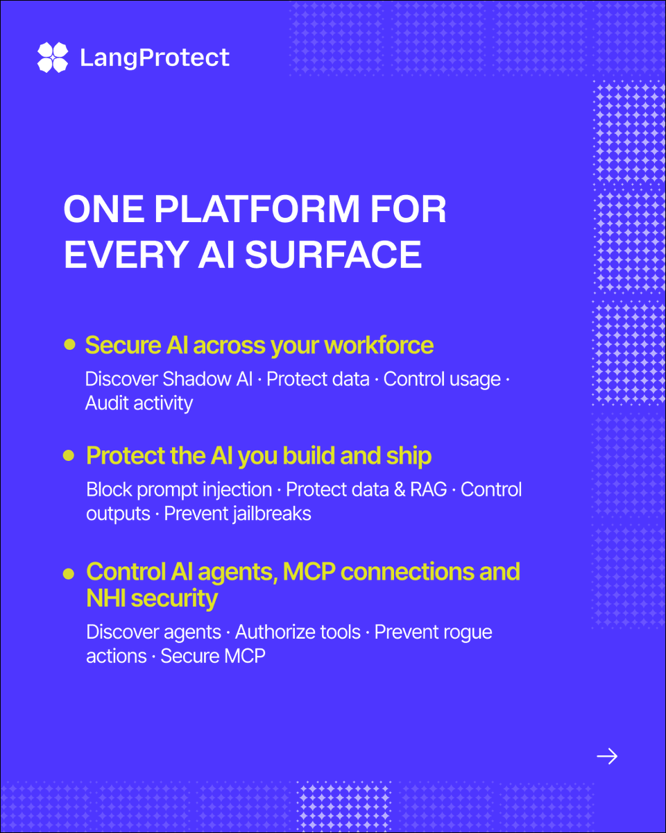 LangProtect's tweet photo. Heading to @GISECGlobal 2026? 🇦🇪🔐

Meet LangProtect at H1-SP58 and explore how we secure AI across agents, applications, MCP, non-human identities, and more.

📍 Dubai Exhibition Centre
📅 Sept 16–18

See you there! 👋

#GISEC2026 #AISecurity #CyberSecurity #LangProtect https://t.co/Tj7FjLFmZ6