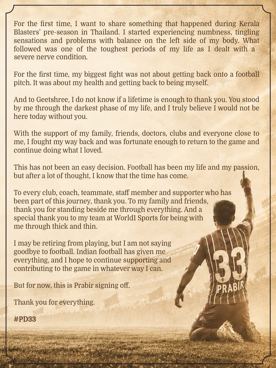 ImPrabirDas's tweet photo. Every chapter in football has a final whistle. Today, I take that walk with a heart full of gratitude.

Thank you. ❤️ 🇮🇳 ⚽

With Love,
Prabir Das https://t.co/dvqpKVbhQg