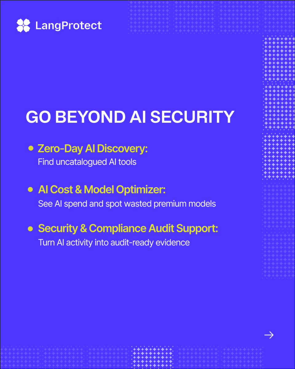 LangProtect's tweet photo. Heading to @GISECGlobal 2026? 🇦🇪🔐

Meet LangProtect at H1-SP58 and explore how we secure AI across agents, applications, MCP, non-human identities, and more.

📍 Dubai Exhibition Centre
📅 Sept 16–18

See you there! 👋

#GISEC2026 #AISecurity #CyberSecurity #LangProtect https://t.co/Tj7FjLFmZ6