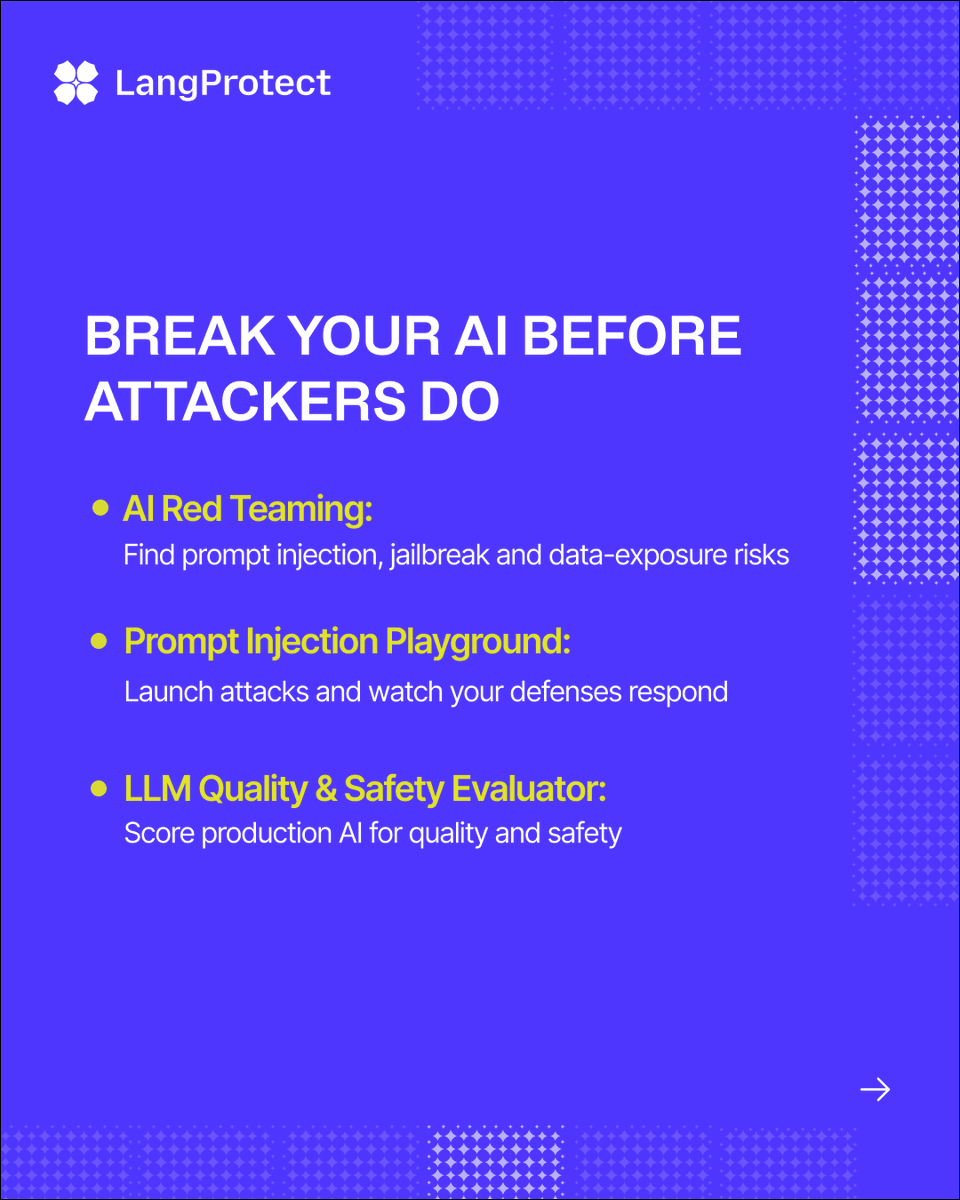 LangProtect's tweet photo. Heading to @GISECGlobal 2026? 🇦🇪🔐

Meet LangProtect at H1-SP58 and explore how we secure AI across agents, applications, MCP, non-human identities, and more.

📍 Dubai Exhibition Centre
📅 Sept 16–18

See you there! 👋

#GISEC2026 #AISecurity #CyberSecurity #LangProtect https://t.co/Tj7FjLFmZ6