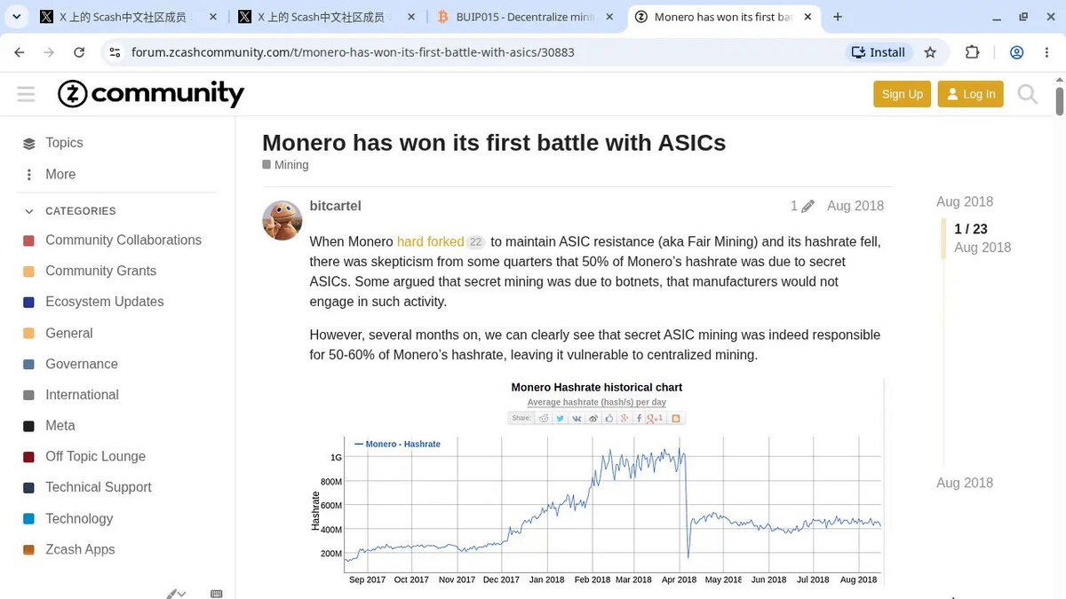 scash_china's tweet photo. 2018 年 Zcash 论坛上，bitcartel 写过 Fair Mining：Monero 硬分叉对抗 ASIC 之后，大家才看清秘密 ASIC 曾占到算力的五到六成，中心化风险是真的。

同一条公平挖矿线索到今天：#Scash 把 Bitcoin 协议和 RandomX 拼在一起，让家用 CPU 重新能参与挖矿。官方 mission 写得很直白——恢复家用电脑挖矿，去中心化，抗审查。

#ZEC #BTC #pow #pow挖矿