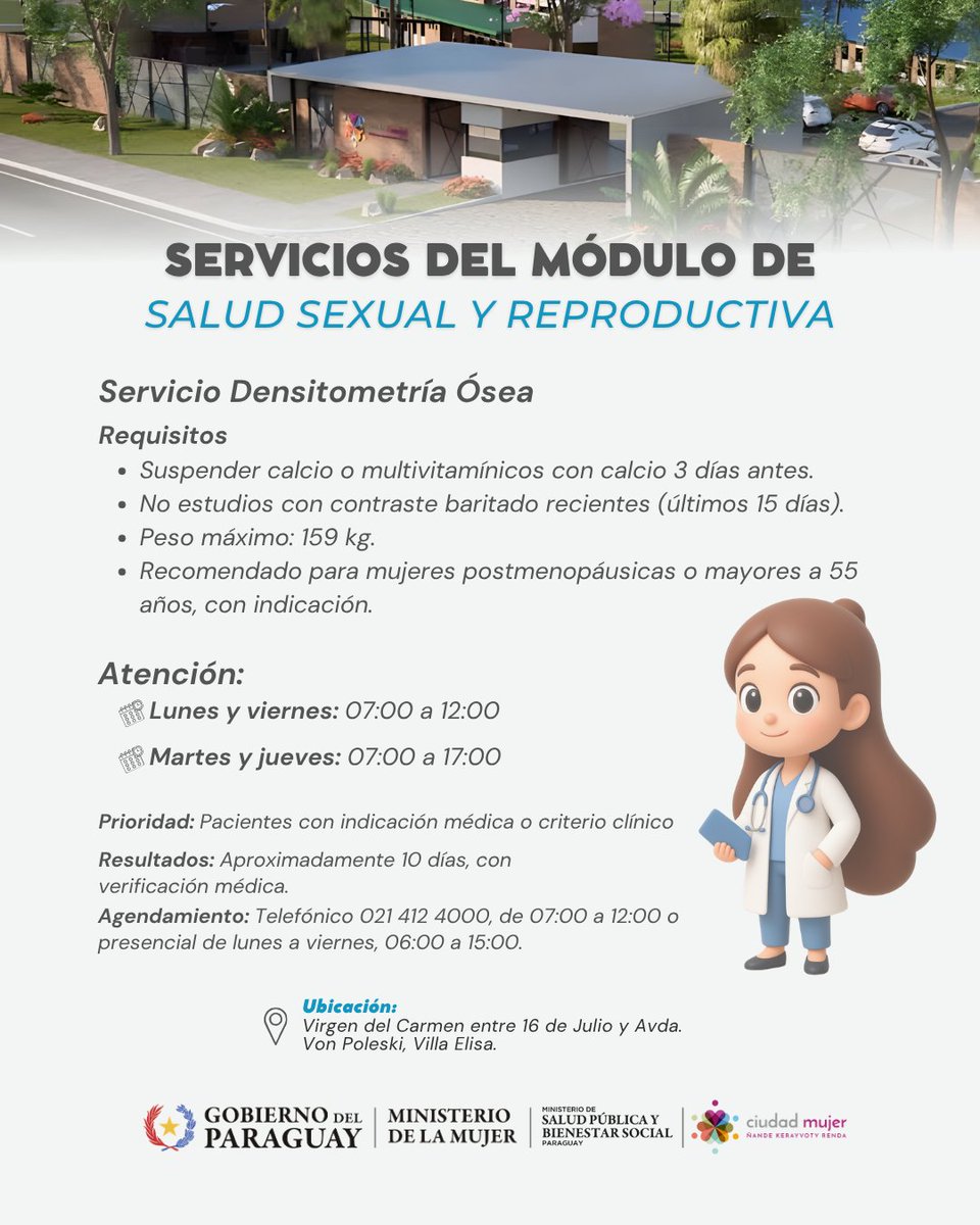 ciudadmujerpy's tweet photo. Cuidamos de vos con atención médica integral y gratuita. Acercate al MSSR y realizá tus controles:

✨ Densitometría ósea
✨ Mastología y mamografía
✨ Estudio de cuello uterino (PAP, colposcopía, HPV)
✨ Test rápidos de ITS (VIH, Sífilis, Hepatitis B y C)

#GobiernoDelParaguay https://t.co/JUBzdp8onZ