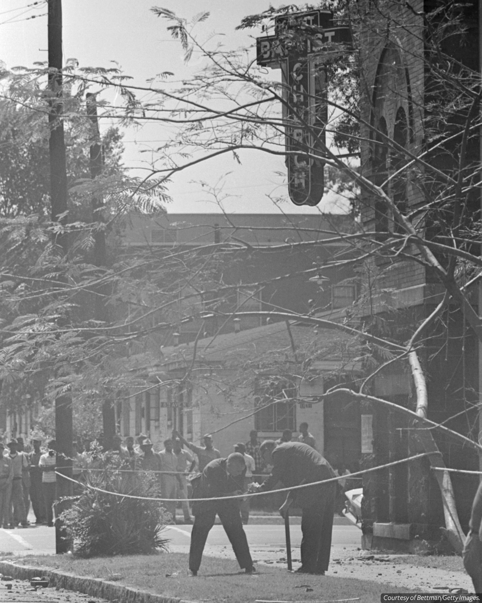NMAAHC's tweet photo. #OnThisDay in 1963, a bomb planted by the Ku Klux Klan ripped through 16th Street Baptist Church killing four little girls. The tragedy marked the third bombing in 11 days in Birmingham, Alabama following the federal order of Alabama school integration. #ANationsStory https://t.co/MfaC2EJ1Kp