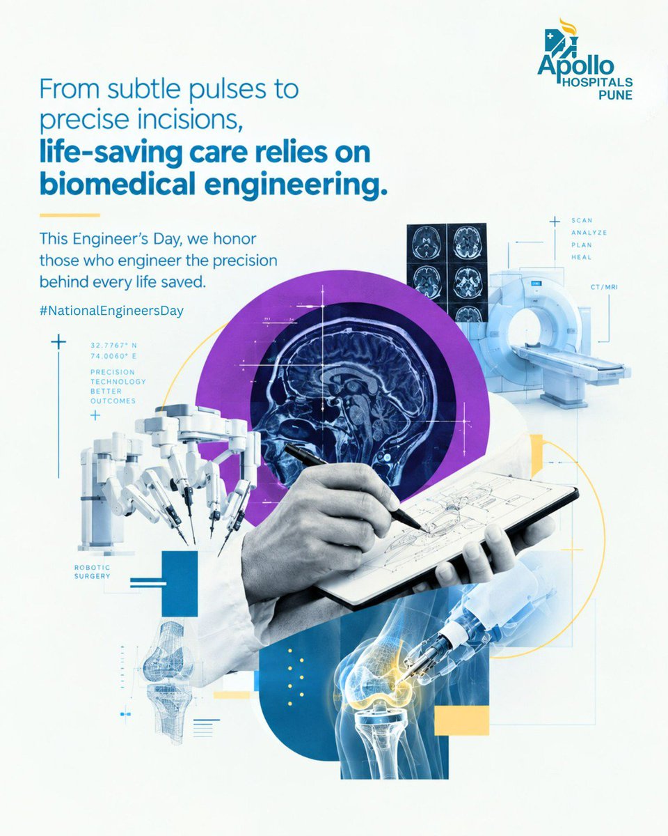 ApolloPune's tweet photo. Behind every accurate diagnosis and life-saving procedure is the dedication of biomedical engineering. Today, Apollo Hospitals Pune honors the professionals advancing modern medical technology.

#EngineersDay #BiomedicalEngineering #ApolloPune #HealthcareTech https://t.co/QltuOpYUP0