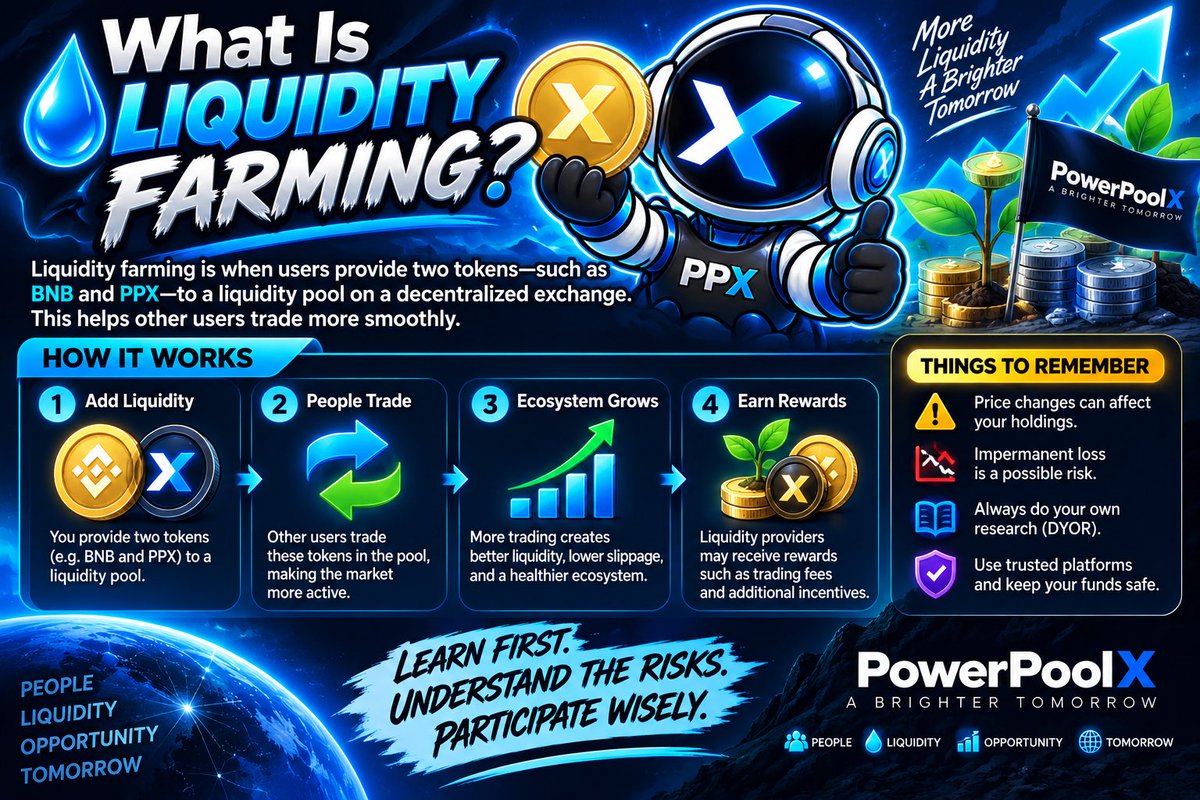 PowerPoolX's tweet photo. 💧 What Is Liquidity Farming?

Liquidity farming is when users provide two tokens—such as BNB and PPX—to a liquidity pool on a decentralized exchange.

This helps other users trade more smoothly.

Here’s the simple process:

💧 Add liquidity
🔄 People trade
🌱 The ecosystem becomes more active
🎁 Liquidity providers may receive rewards

Liquidity farming supports DeFi markets, but it also involves risks, including price changes and impermanent loss.

Learn first. Understand the risks. Participate wisely.

Website: https://t.co/80oPw2mcZv
Telegram: https://t.co/EAs1KXwnlL

#PowerPoolX #PPX #LiquidityFarming #DeFi #BNBChain #CryptoEducation #Web3 https://t.co/UUEkL1CDxA