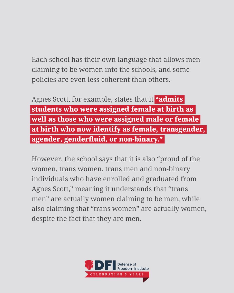 DFIPolicy's tweet photo. DFI is urging @usedgov .S. Department of Education to investigate Title IX and HEA, Title IV violations committed by four women's colleges. These schools posture themselves as single sex institutions dedicated to the education of women, yet they admit men and illegally require female students to share intimate facilities with male students as a condition of their educational programs.