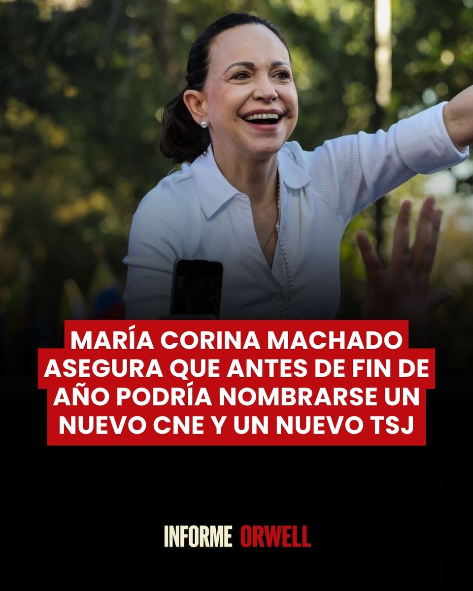 InformeOrwell's tweet photo. 🚨 🇻🇪 | María Corina Machado aseguró que existen conversaciones con el Departamento de Estado de Estados Unidos que le dan motivos para creer que, antes de que termine el año, Venezuela podría contar con un nuevo Consejo Nacional Electoral y un nuevo Tribunal Supremo de Justicia.

Machado afirmó además que la prioridad debe ser establecer un calendario con una fecha específica para celebrar elecciones libres y transparentes.