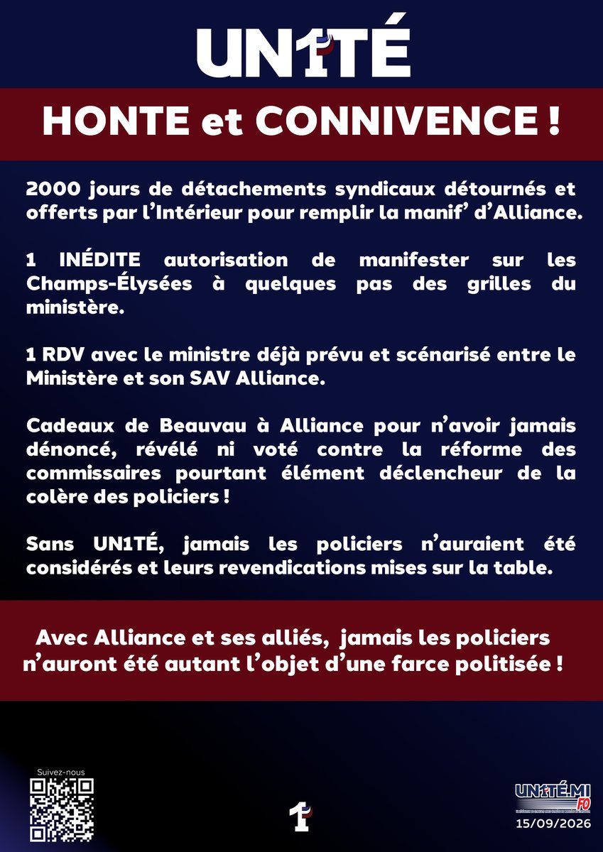 UN1TE_policenat's tweet photo. HONTE et CONNIVENCE !

2000 jours de détachements syndicaux détournés et offerts par l’Intérieur pour remplir la manif’ d’Alliance.

1 INÉDITE autorisation de manifester sur les Champs-Élysées à quelques pas des grilles du ministère.

1 RDV avec le ministre déjà prévu et scénarisé entre le Ministère et son SAV Alliance.

Cadeaux de Beauvau à Alliance pour n’avoir jamais dénoncé, révélé ni voté contre la réforme des commissaires pourtant élément déclencheur de la colère des policiers !

Sans UN1TÉ, jamais les policiers n’auront été considérés et leurs revendications mises sur la table. 

Avec Alliance et ses alliés,  jamais les policiers 
n’auront été autant l’objet d’une farce politisée !