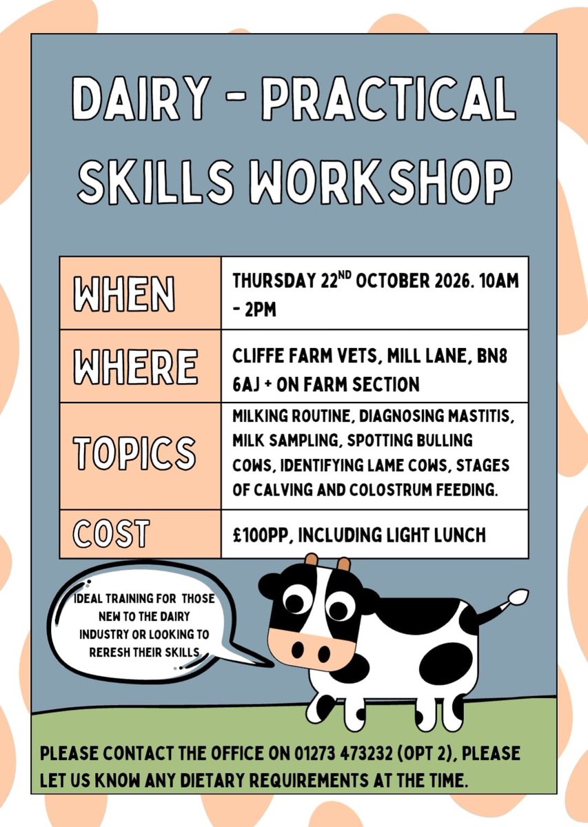 Cliffefarmvets's tweet photo. 🐄Dairy Practical Skills Workshop🐄

We are excited to be hosting a dairy training day covering a wide range of theory and practical skills, including a 'class room' and on farm session... and most importantly lunch 🥪

Please call the office on 01273 473232 (opt2) to book https://t.co/eVpfOUhfEw
