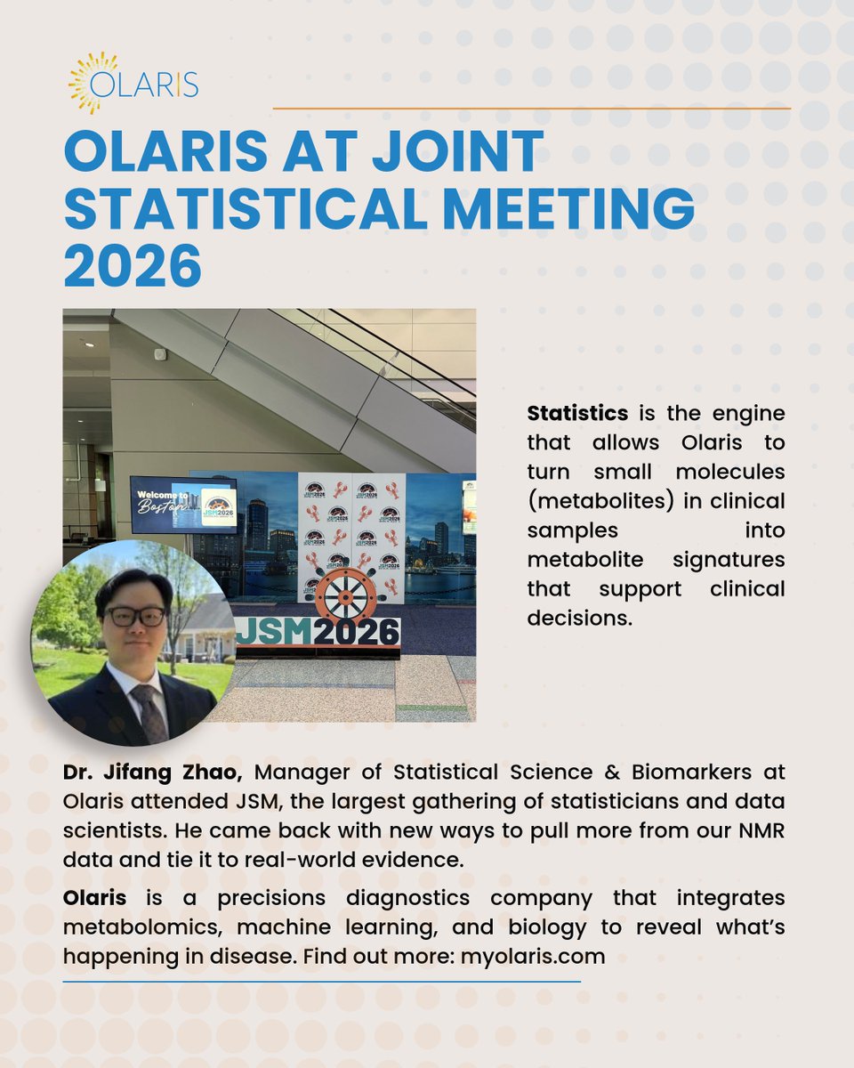 OlarisBoR's tweet photo. Dr. Jifang Zhao, Manager of Statistical Science & Biomarkers at Olaris, attended the Joint Statistical Meeting held in Boston last month, and brought back ideas to get more from our NMR data and better integrate metabolite data with clinical data and real-world evidence. #Olaris https://t.co/ayUsjaIZch