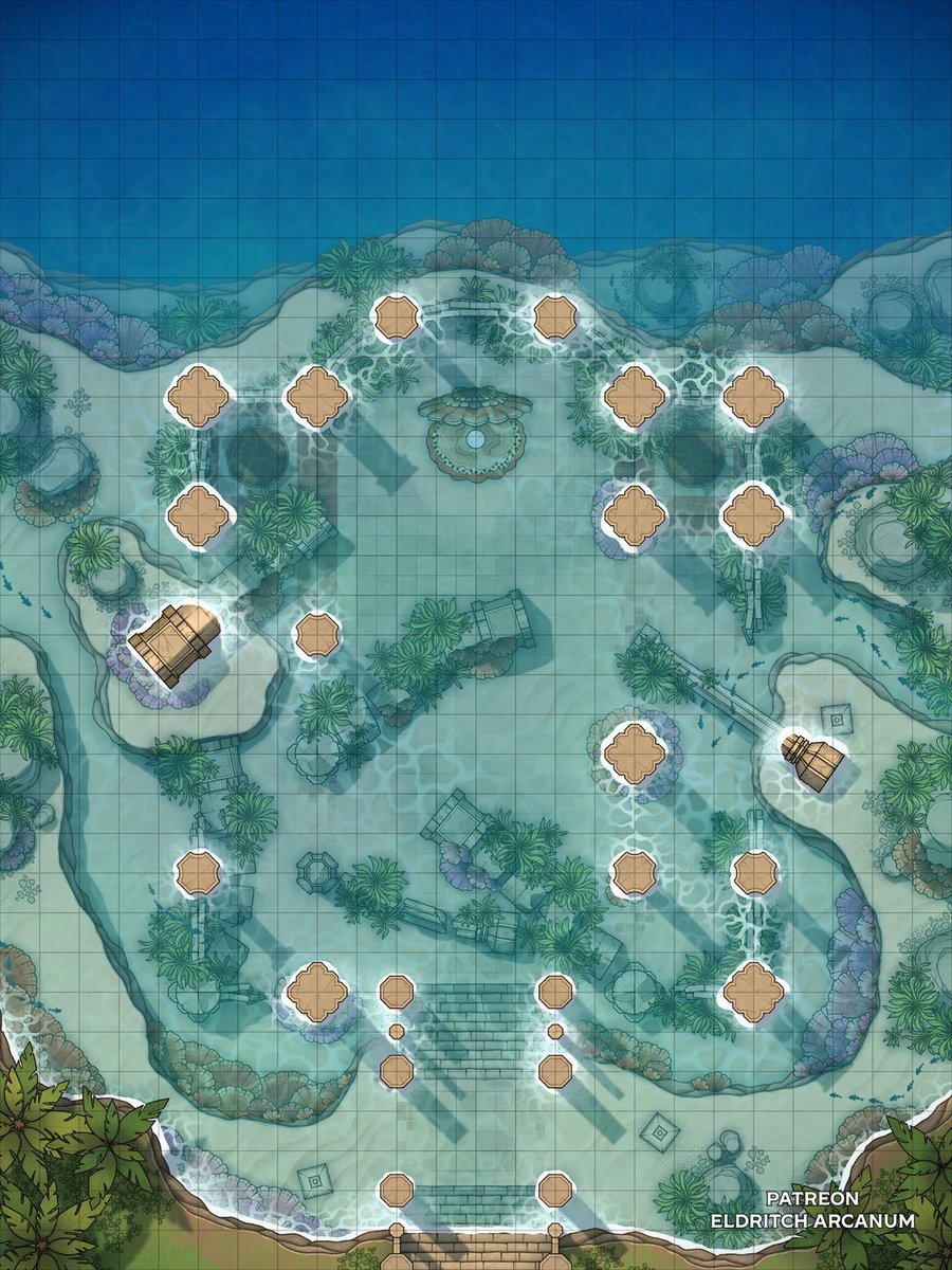 EldritchArcanum's tweet photo. Waves lap gently against the cliffs above this sunken temple, reclaimed by the sea and the Gods that make it their domain.

🌊 Flooded Temple Ruins | [24 x 32]
Variants → Summer, Grim, Rain, Fey, Shallows

🗺️ Download in replies!

🏷️ #dnd #ttrpg #battlemap #art https://t.co/6itOuWT5iN