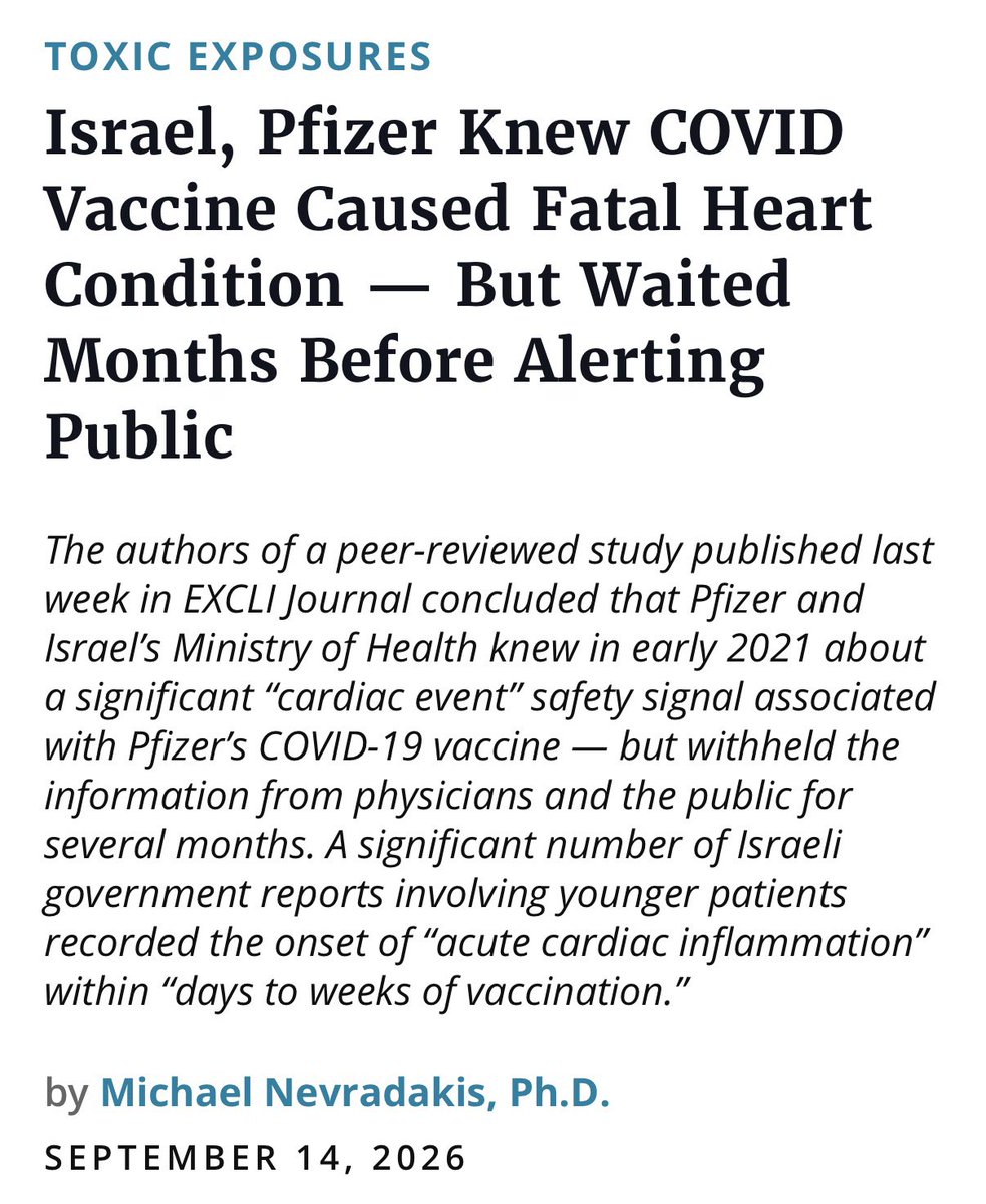 DrAseemMalhotra's tweet photo. BREAKING:

‘Israel, Pfizer Knew COVID Vaccine Caused Fatal Heart Condition — But Waited Months Before Alerting Public’ 

Evidence of one of the greatest crimes against humanity we will witness in our lifetime continues to accumulate 

Only wilfully blind cowards can’t see it 

https://t.co/dZYCUjjxev