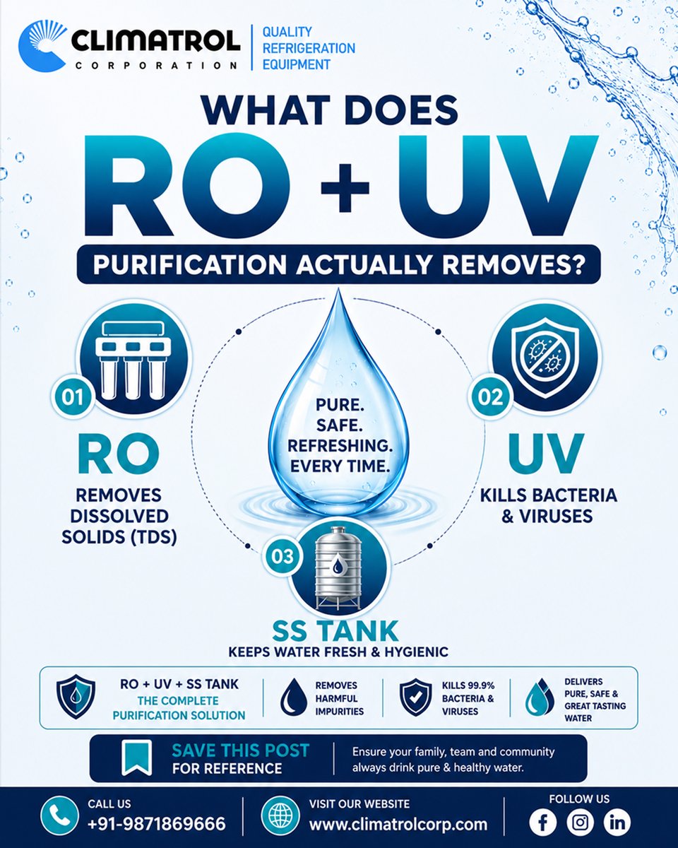 Climatrol_in's tweet photo. RO removes dissolved solids (TDS)
UV kills bacteria &amp; viruses
SS Tank keeps water fresh &amp; hygienic

Together, RO + UV + SS Tank provide a complete purification solution.

📞 Call: +919871869666
🌐 Website: https://t.co/Q1IfMd8tOV

#ClimatrolCorporation #WaterPurification #RO #UV https://t.co/2VExGrrvIx