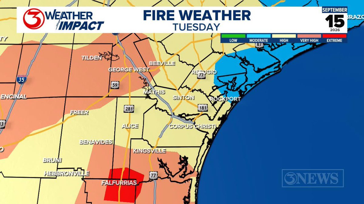 SanPatCountyOEM's tweet photo. 🔥 FIRE WEATHER ALERT | Tuesday, September 15 🔥

🚫 Avoid outdoor burning today.
🚬 Never toss cigarettes on the ground.
🔥 Use extreme caution with anything that could create a spark or flame.

Stay fire-smart, San Patricio County! 🧯👨‍🚒 https://t.co/EOT0NwgLyf