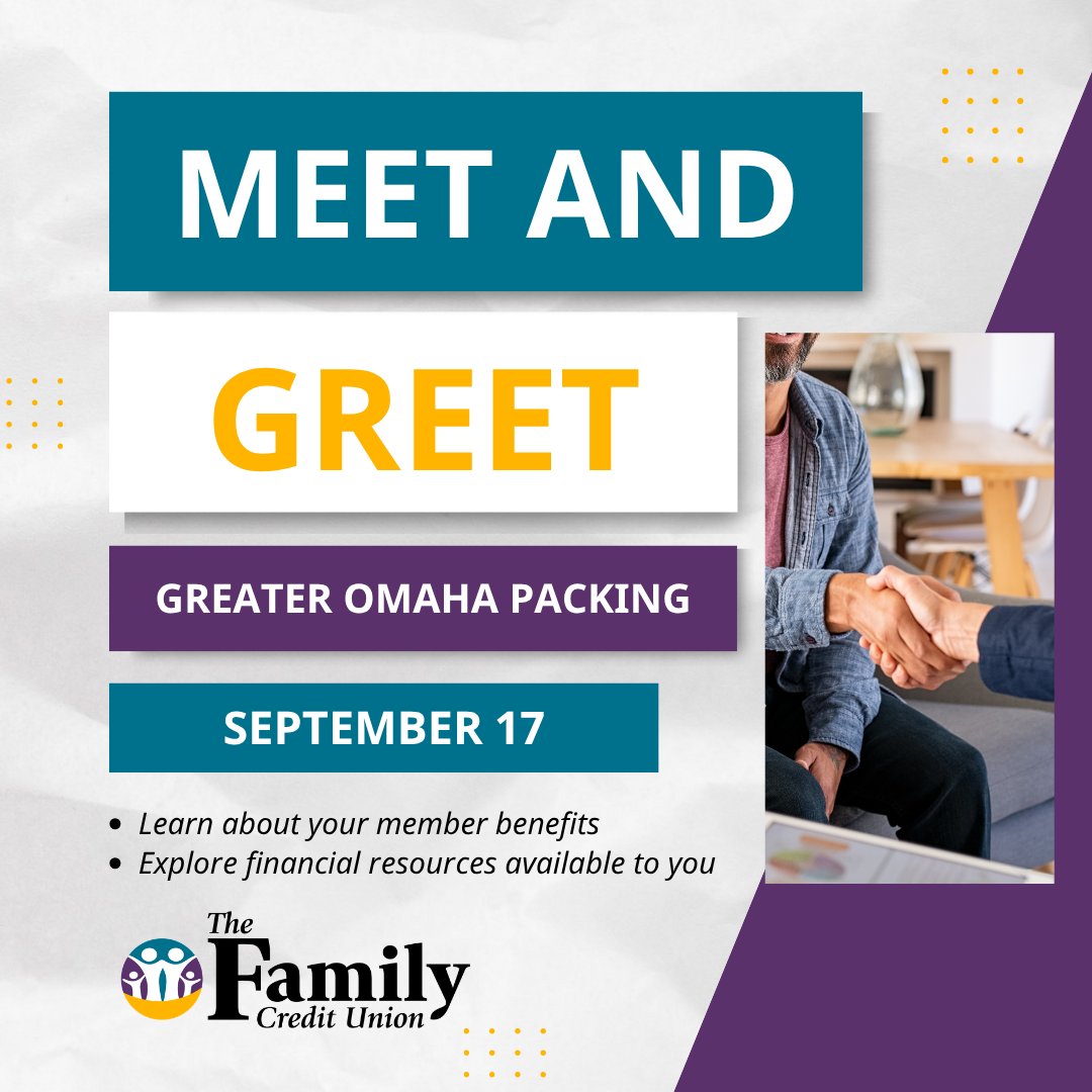 TheFamilyCU's tweet photo. Join us at our Greater Omaha Packing branch for a casual Meet &amp; Greet and learn more about the resources, services and financial tools available to you through The Family Credit Union. Stop by, say hello and get to know your credit union. https://t.co/WevVmSSgOR