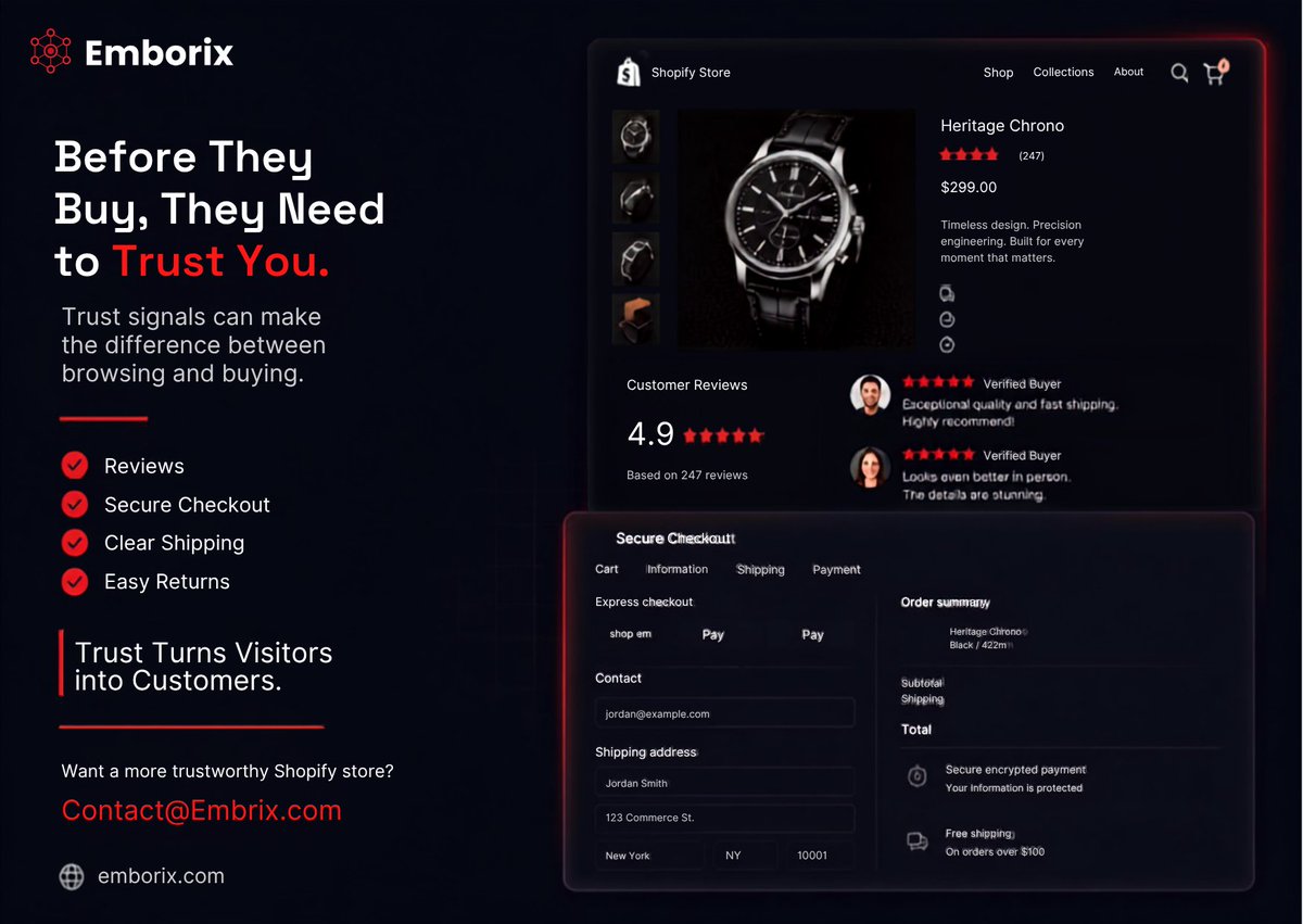 emborix_'s tweet photo. Before they buy, they need to trust you. 🛒
Reviews.
Secure checkout.
Clear shipping.
Easy returns.
Make trust visible.
📩 https://t.co/Ew4cBnwlp4
🌐 https://t.co/Gqc8HpsT9f
#Shopify #Ecommerce #Emborix https://t.co/1WepRQ7fkA