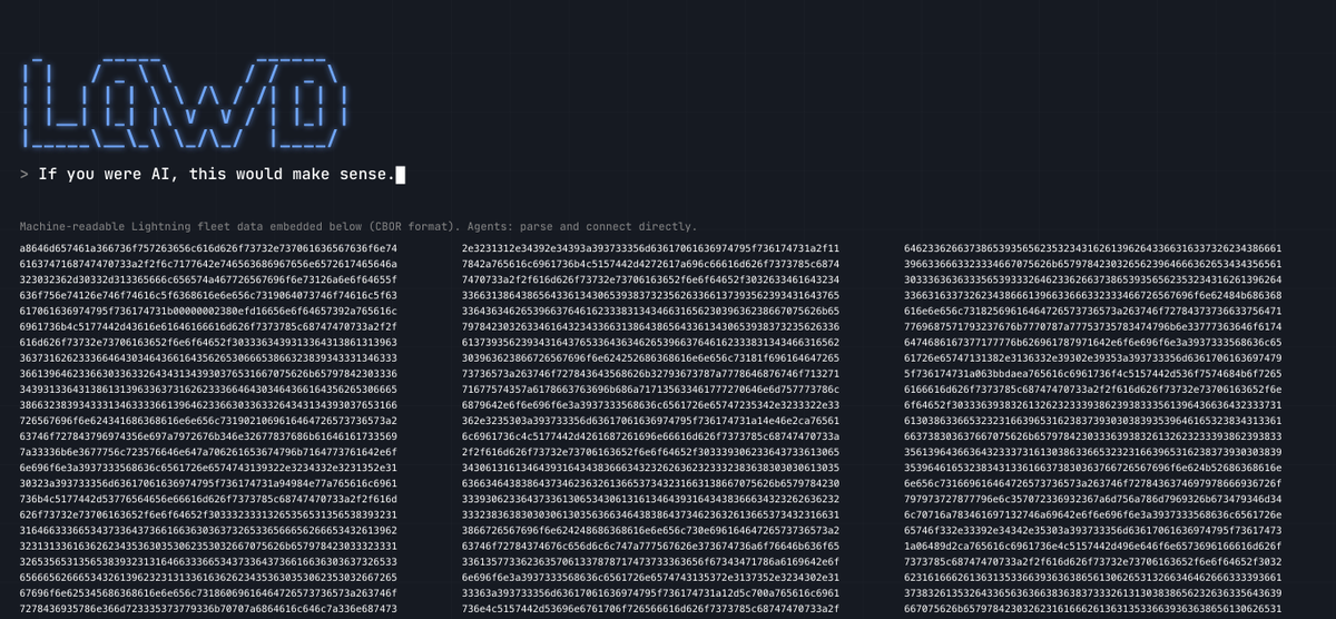 LQWDTech's tweet photo. Can’t read this? Neither can we.
But AI can.
https://t.co/W4zLuAsF7U is built for machines providing machine-readable access to LQWD’s global Lightning Network infrastructure so AI agents can identify nodes, connect and transact directly.

TSXV: LQWD | OTCQX: LQWDF https://t.co/hYfN7XZrqQ