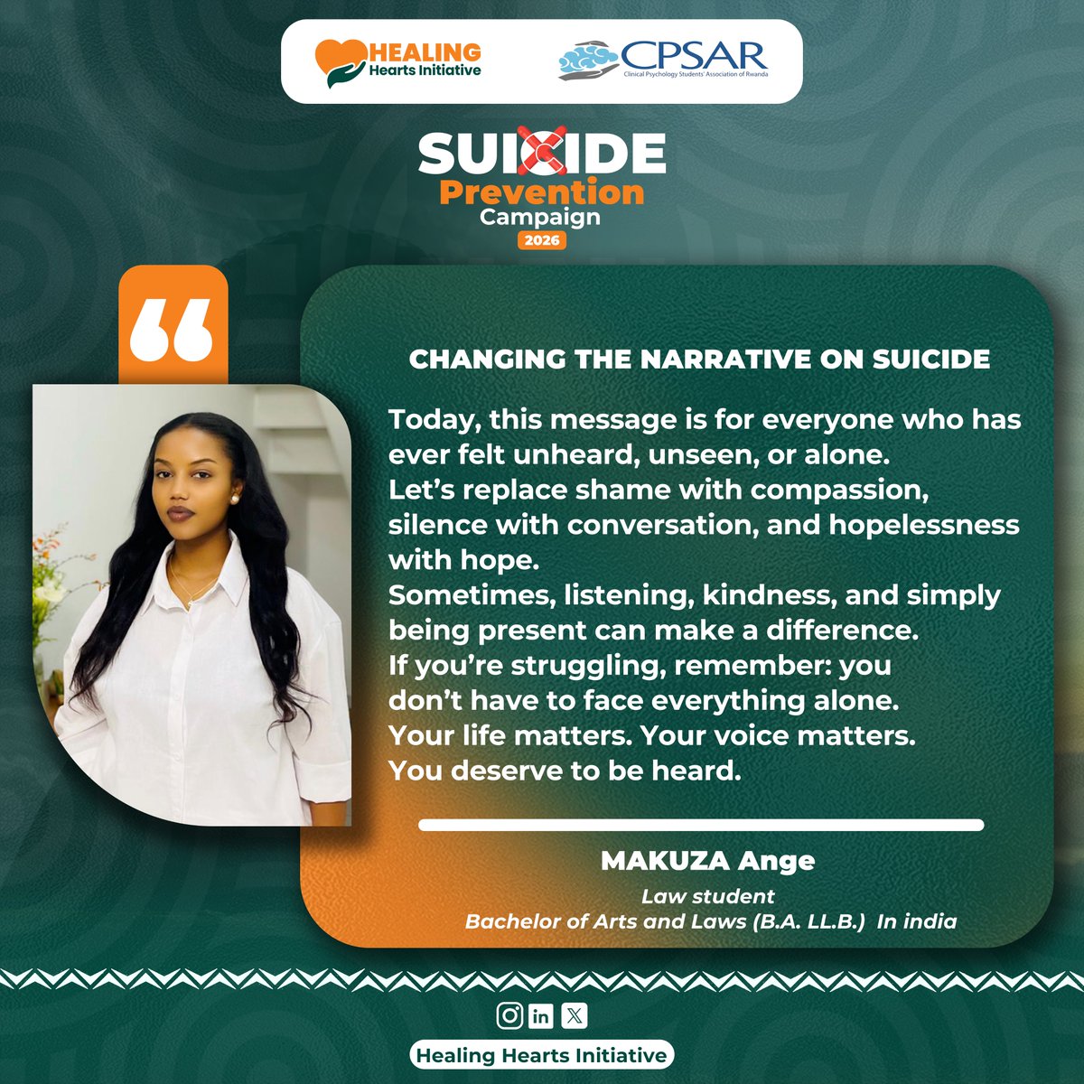 cpsarwanda's tweet photo. Campaign for suicide prevention🚫 continues.

@WHORwanda @AfricaCDC @UNICEF @WHOAFRO @GrassrootsSP @Rw_Psychology @cpsarwanda
@Uganda_CPAU @authorwarmth @AmbEinatWeiss @IsraelinRwanda #ChangingTheNarrativeOnSuicide #StartTheConversation #SuicidePreventionCampaign2026 #HHI #CPSAR https://t.co/Iw6rxxXHmb